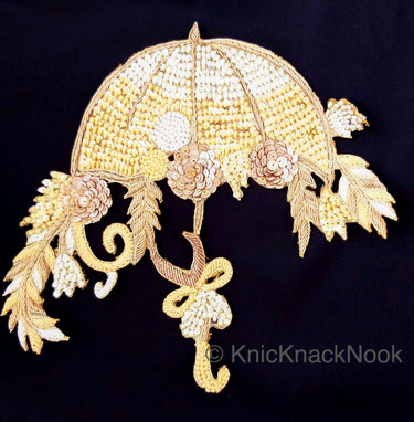 Hand Embroidered Umbrella Applique With Zardozi And Gold Sequins Embroidery, Appliqué Patch, Beige Indian Motif